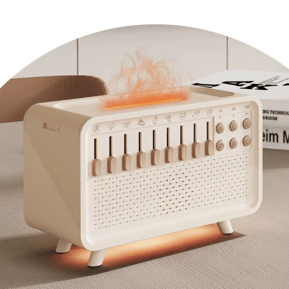 Hydrogen flame effect sound machine creating cozy ambiance with customizable noise settings for home relaxation