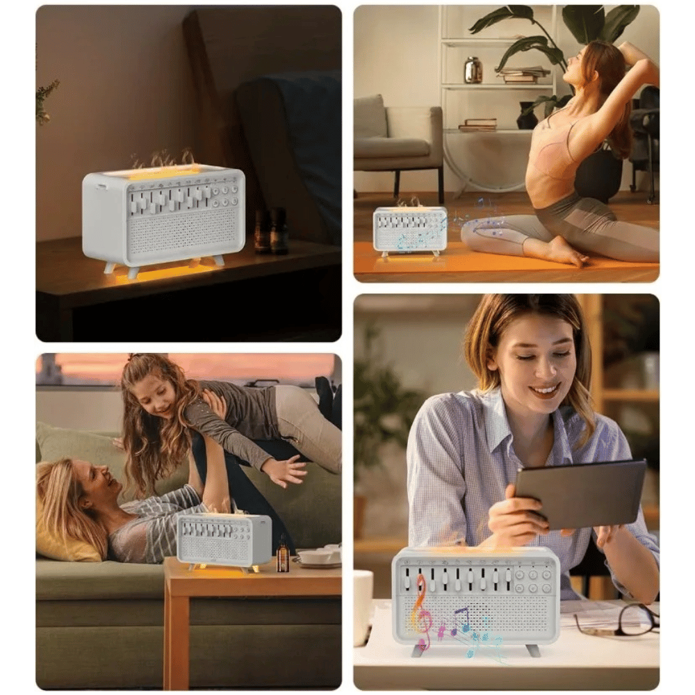 Modern flame sound machine used in living room, office, and study for sleep, focus, and relaxation therapy