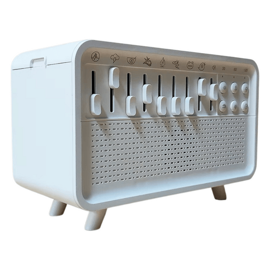 Portable smart flame sound machine with sliders and knobs for customizable sleep sounds and relaxation