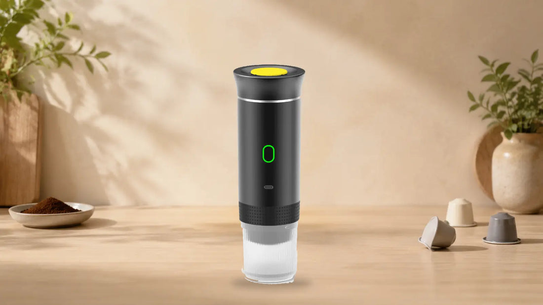 Black Portable 3-in-1 Espresso Machine displayed between ground coffee and plain unbranded coffee capsules