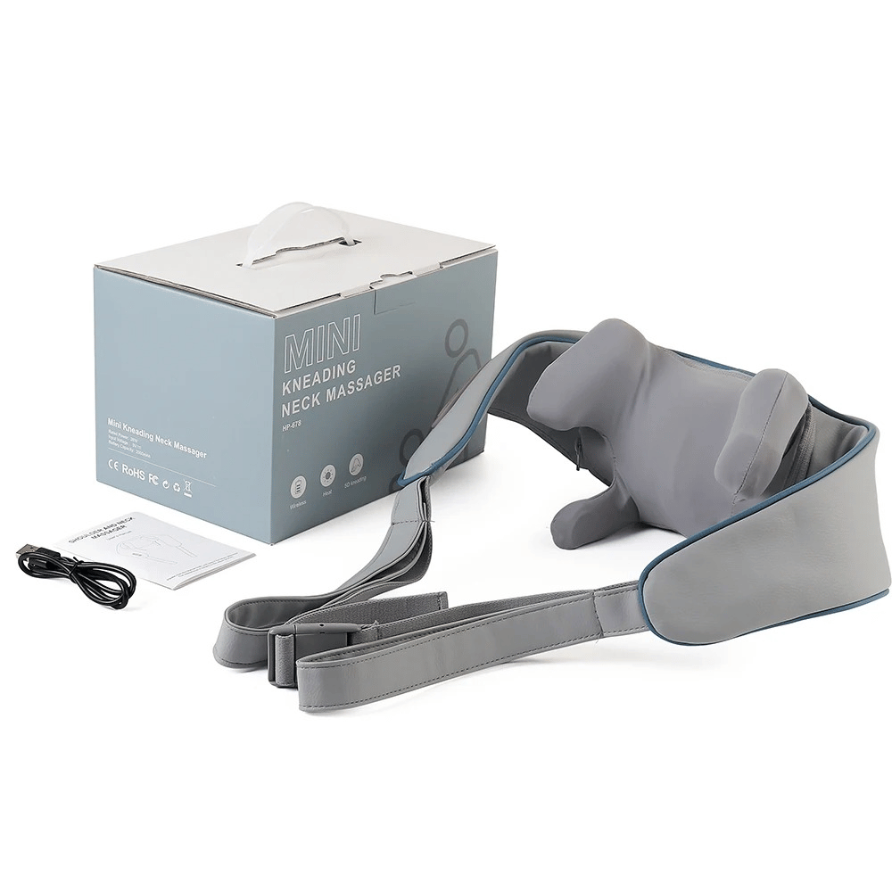 Gray neck massager with packaging and accessories on a white background
