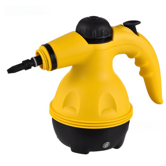 Yellow handheld steamer with black accents on a white background