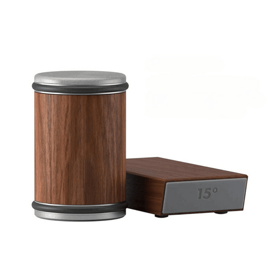 Wooden container with a metallic lid and base on a white background
