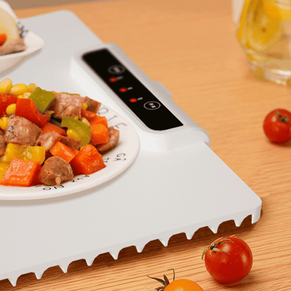 Portable electric stove with a plate of food on a wooden table