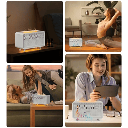Modern flame sound machine used in living room, office, and study for sleep, focus, and relaxation therapy