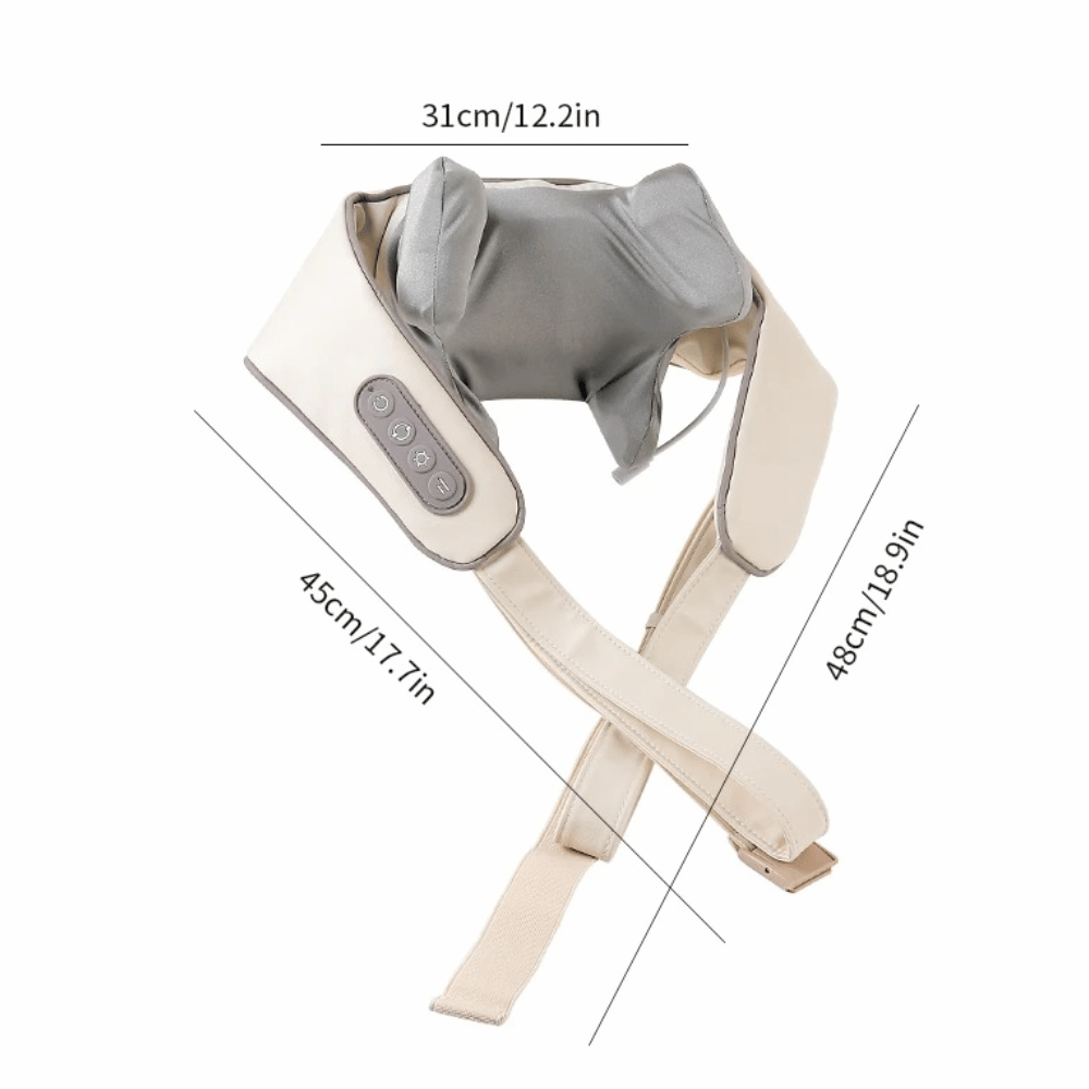 Neck massager with dimensions labeled on a white background