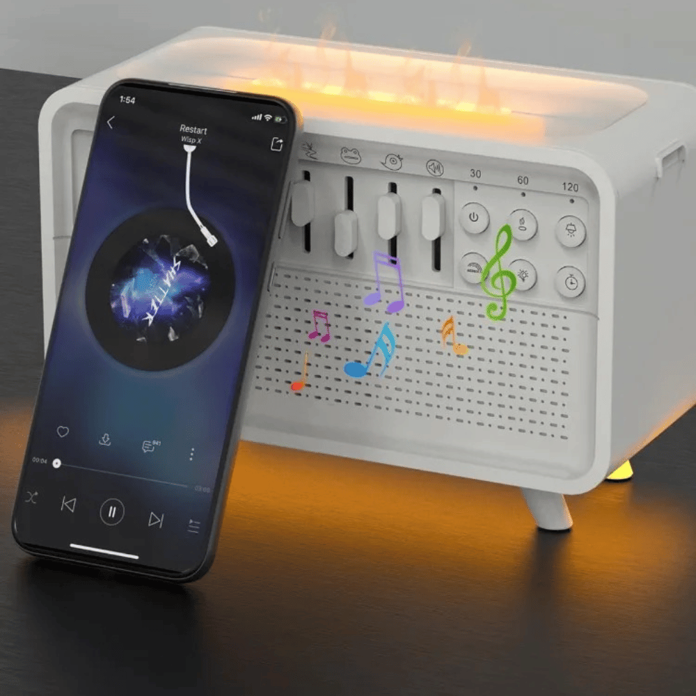 Portable smart flame sound machine controlled with mobile app for white noise, sleep aid, and sound customization
