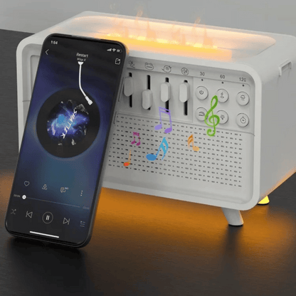 Portable smart flame sound machine controlled with mobile app for white noise, sleep aid, and sound customization