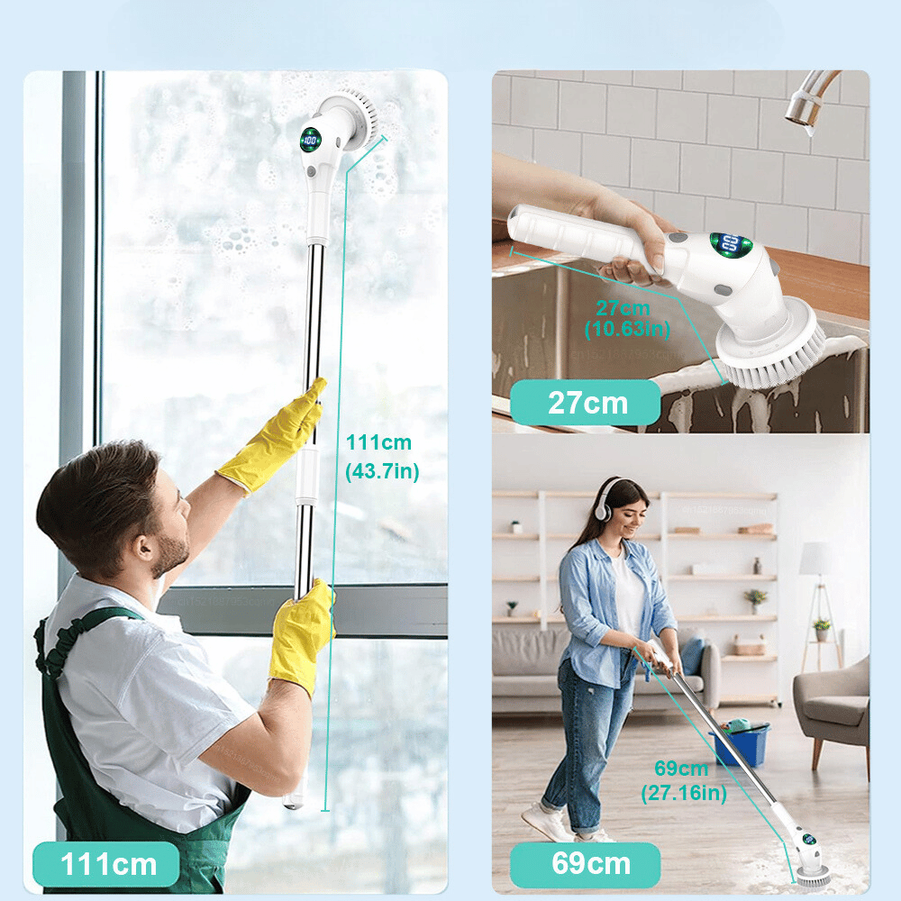 Person cleaning a window with a handheld cleaning tool, showing measurements.