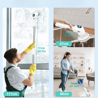 Person cleaning a window with a handheld cleaning tool, showing measurements.