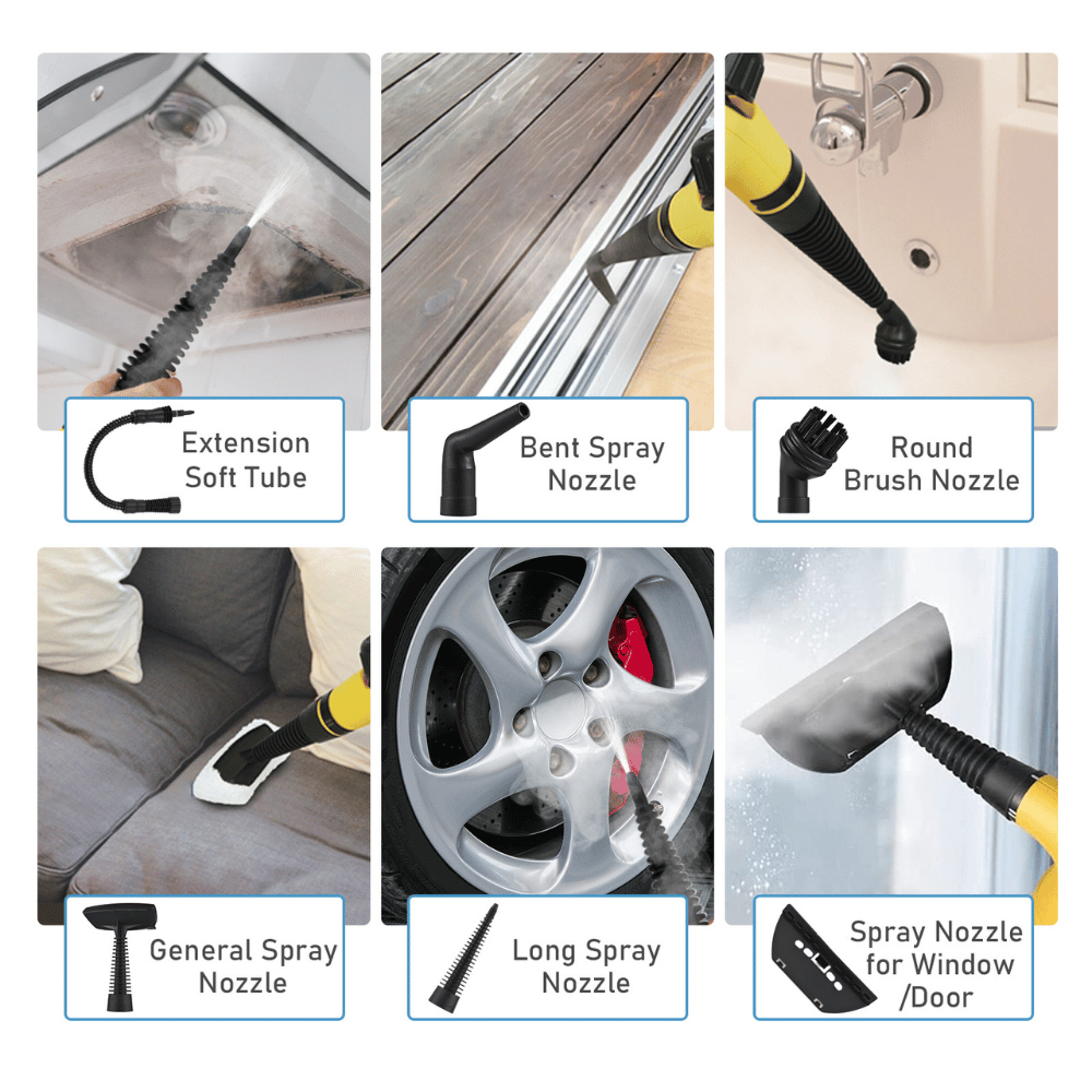 Multifunctional cleaning tool with various nozzles and attachments in use.