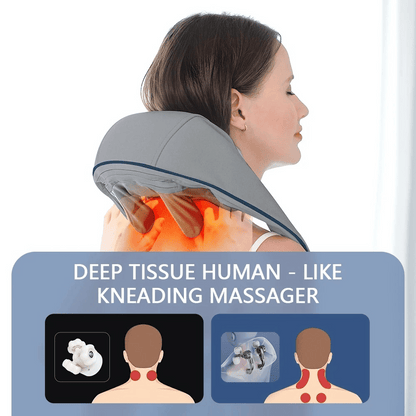 Woman using a deep tissue human-like kneading massager on her neck and shoulders with a white background.