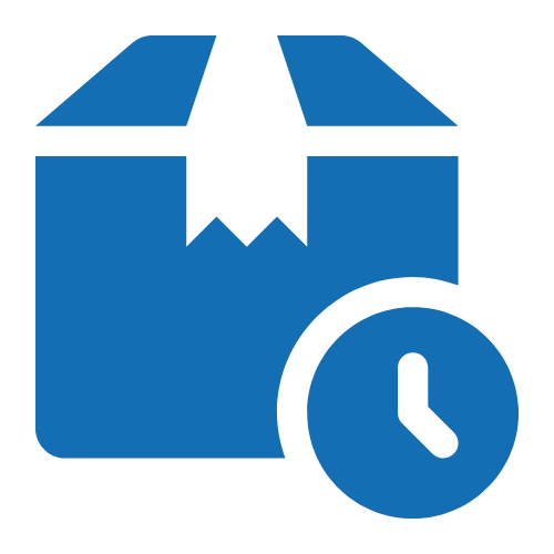 Blue icon of a box with a clock, symbolizing delivery or shipping.