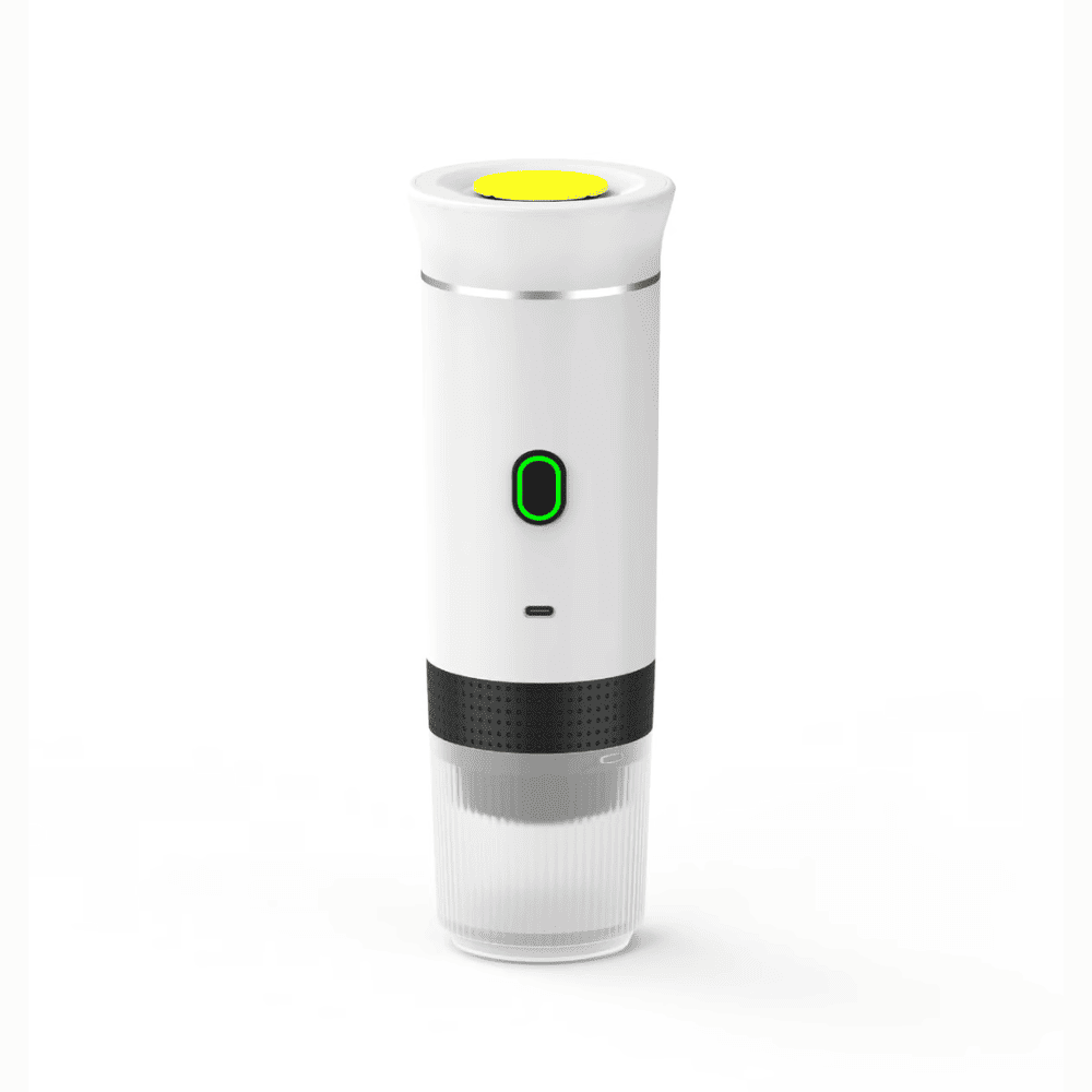 White electronic device with a green light on a white background