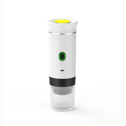 White electronic device with a green light on a white background