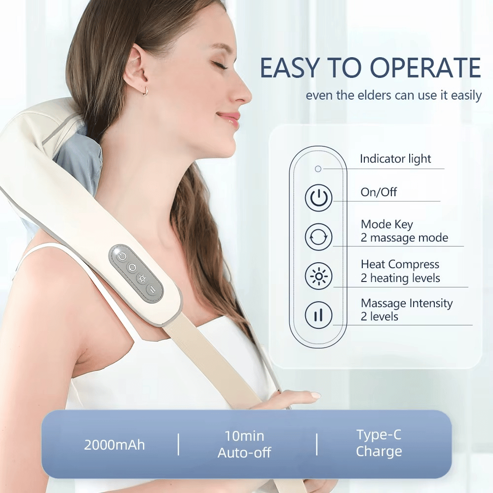Woman using a neck and shoulder massager with product features displayed on the right.