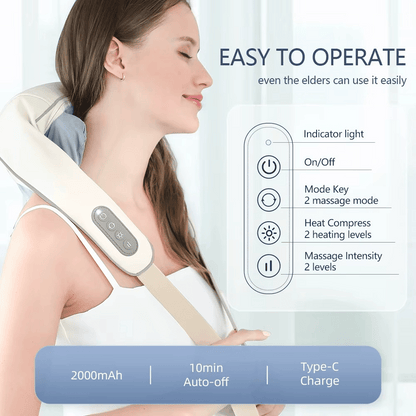 Woman using a neck and shoulder massager with product features displayed on the right.