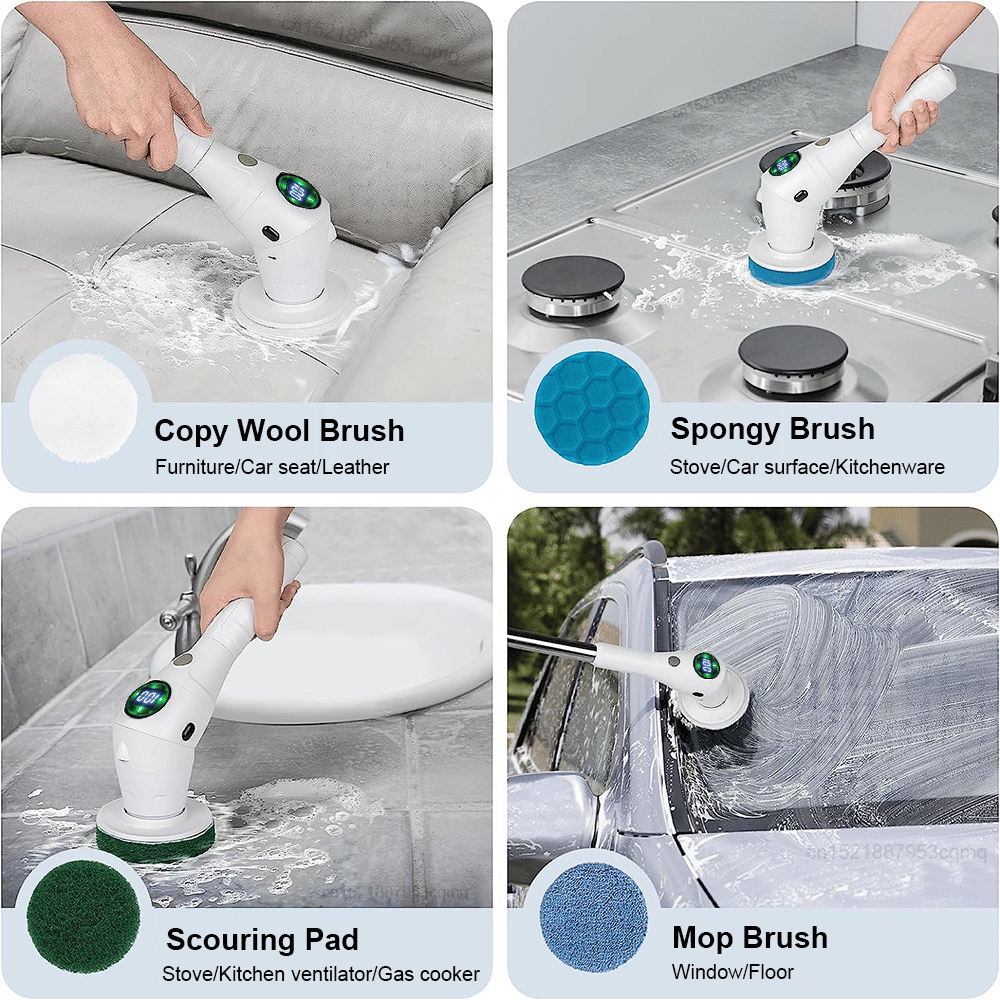Multifunctional cleaning brush with different brushes for various surfaces.