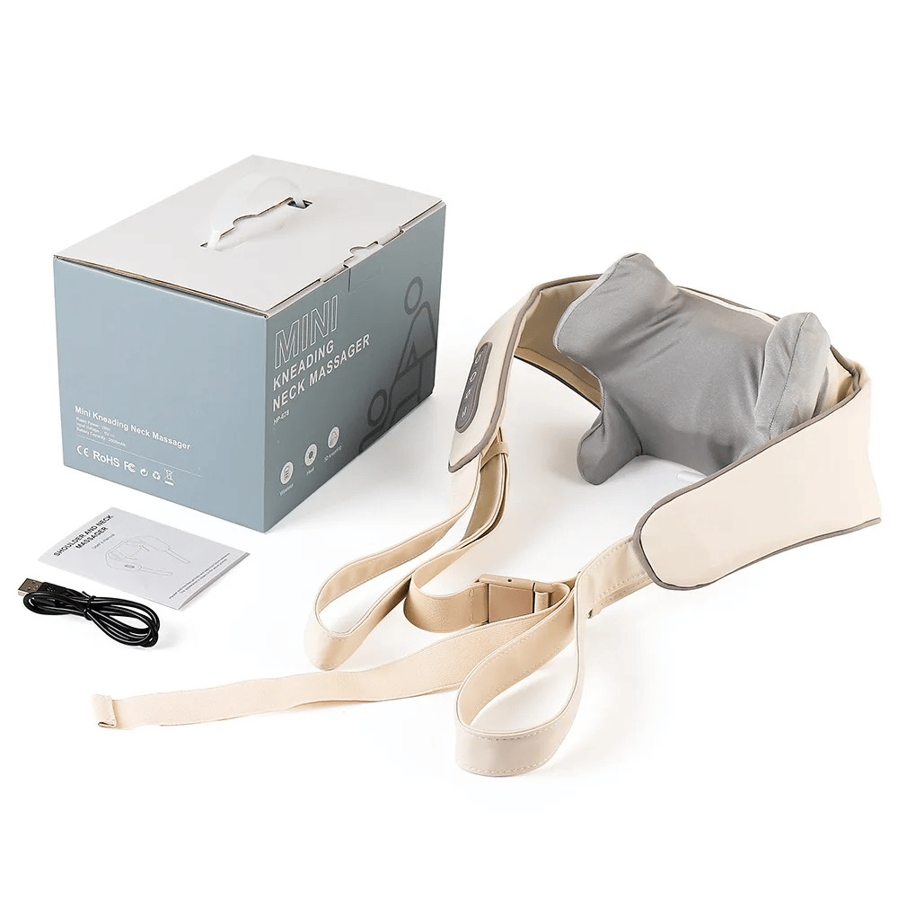Neck and shoulder massager with packaging on a white background