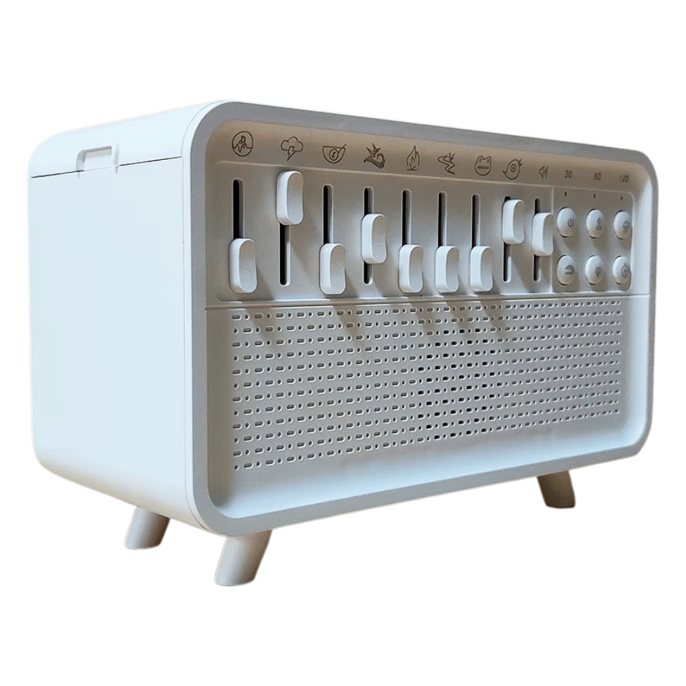 Portable smart flame sound machine with sliders and knobs for customizable sleep sounds and relaxation