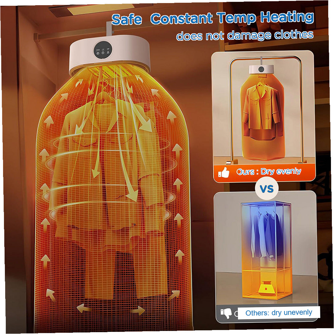 Hanging clothes dryer with an illustration of warm airflow around garments