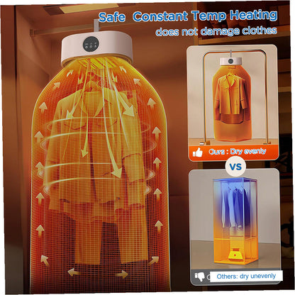 Hanging clothes dryer with an illustration of warm airflow around garments