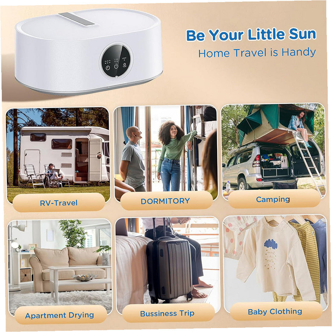 Compact electric clothes dryer with illustrations of home and travel settings