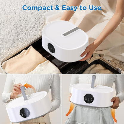 Foldable electric clothes dryer showing its hanging hook and drying cover being unfolded