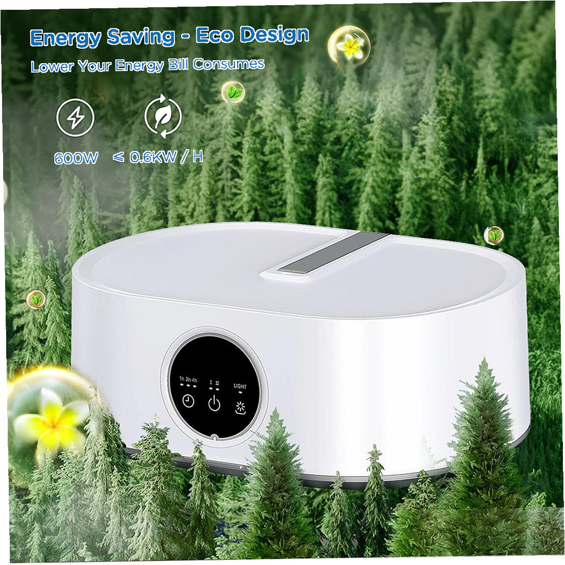 White compact electric clothes dryer shown against a forest background