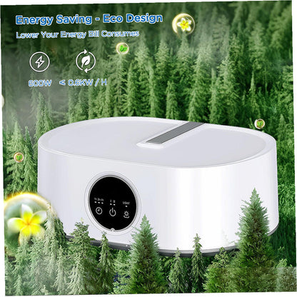 White compact electric clothes dryer shown against a forest background