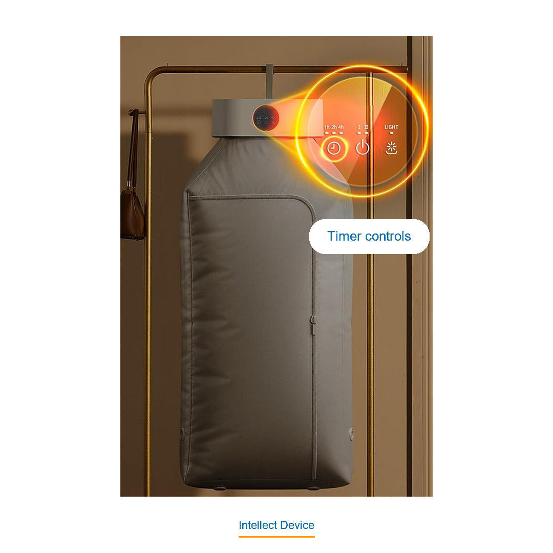 Hanging electric clothes dryer with a closed grey cover and an enlarged view of the front controls