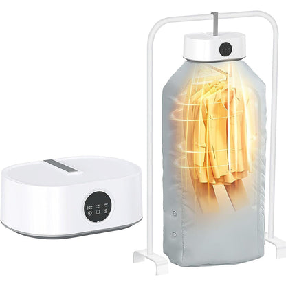 White electric clothes dryer shown folded and suspended with its grey drying cover extended